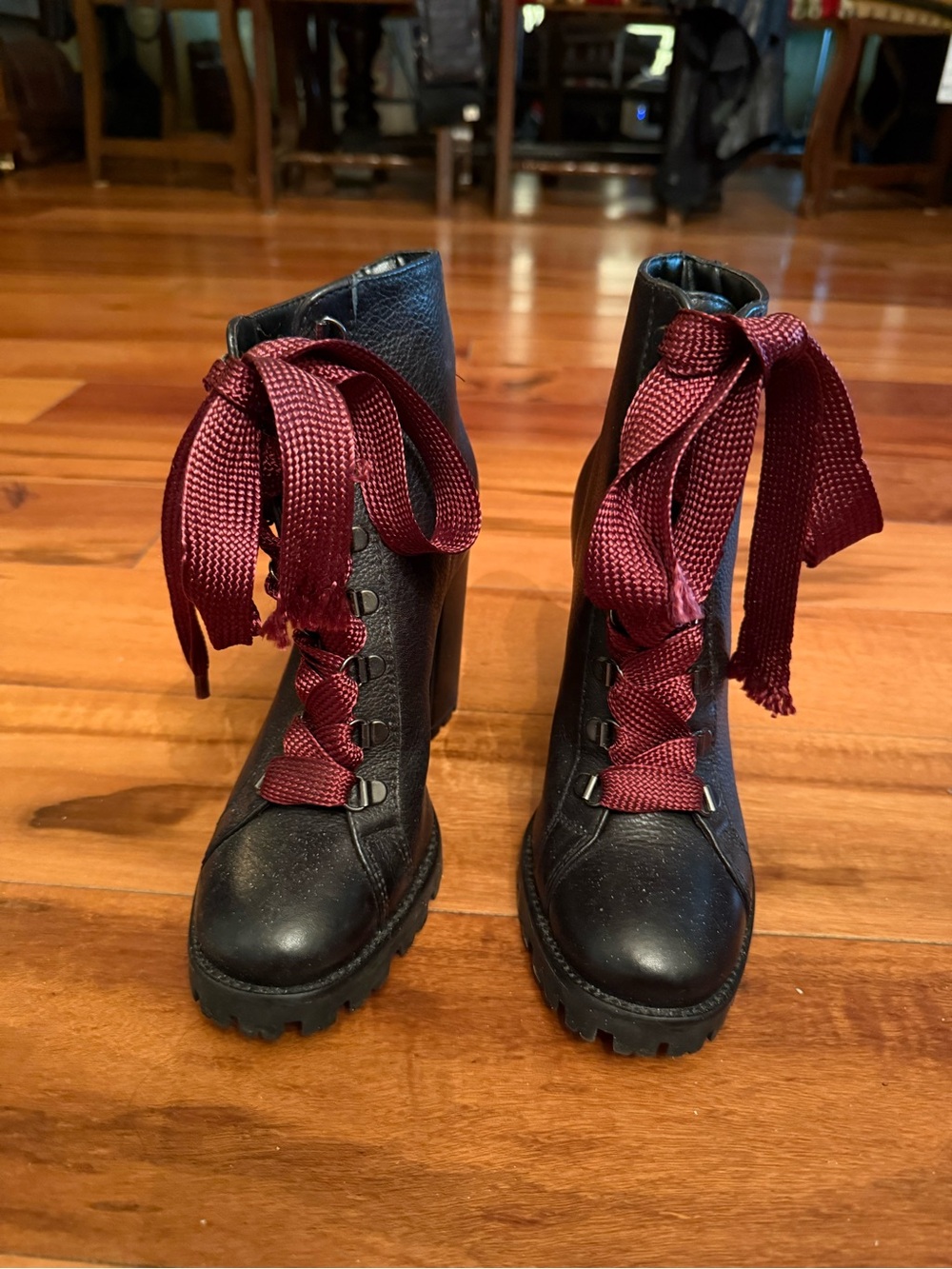 SCHUTZ Black Leather Lace-Up Boots with Burgundy Ribbon Laces